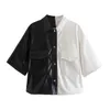 Mesttraf 여성 패션 2 톤 가짜 가죽 짧은 탑 셔츠 반소매 포켓 액세서리 자켓 streetwear 211011