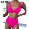 Ruuhee Solid Baddräkt Kvinnor Sexig Leopard Vit Bikinis 2021 Hög Midja Badkläder Stripe Biquini Push Up Badkläder Kvinna X0522