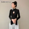 White Hollow Out Slim Sweater For Women Turtleneck Flare Sleeve Patchwork Chain Sweaters Female Spring Fashionable 210524