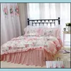 Conjuntos de cama Suprimentos Home Têxteis Jardim Romântico Bordado Set Rose Imprimir Ruffle Lace Cama Princesa Rei Algodão Duveta ER Queen Drope Del