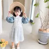 Wholesale Spring Baby Girl 2-pcs Sets Long Puff Sleeves Dress + White Lace Sling Kids Clothes E1042 210610