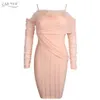 Winter Women Pink Long Sleeve Mesh Bodycon Bandage Dress Sexy Off Shoulder Feathers Celebrity Runway Party 210423