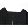 Czarny Biały Punk Crop Tee Zipper Łańcuch Hem Elastyczne Koronki Krótki T Shirt Square Collar Lady Gothic Streetwear Moda Casual Top 210515