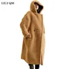 Teddy Bear Coat Kış Giysileri Kadınlar Için Siyah Kuşaklı Yün Ceket Kapşonlu Uzun Parkas Kadın Sıcak Boy Ceket Kürk Mantolar 211018