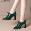 AllbiteFo Zielony Wysokiej Jakości Naturalne Prawdziwej Skóry Kobiety High Heel Buty Moda Sexy Kobiety Obcasy Buty Wysokie Obcasy 210611