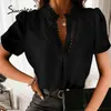 Beyaz dantel iş kadın bluz yaz v boyun moda casual tops bahar dikiş yaka siyah tişörtleri 210414