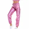 Pantalon de survêtement métallique brillant femme Harem Hip Hop taille haute scintillant Streetwear pantalon élastique mode pantalon holographique # f30 femmes C