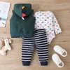 Ensembles d'hiver pour enfants à manches longues imprimé dinosaure barboteuse sans manches sweats à capuche pantalons rayés mignon 3pcs filles garçons vêtements ensemble 0-2T 210629