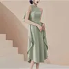 Moda Koreański Chic damskie Zielone Summer Sukienki High-End Temperament Ruffled Design Rękawów Długa Sukienka Vestidos 210520