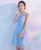 Sweet Lace Homecoming Dresses Sheer Short Sleeve Jewel Light Sky Blue Mini Prom Graduation Dress Juniors Party Foraml GOWNS TULLE M105