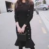 女性の底ニットブラックセーター冬の長袖のセクシーなスリムスキニーシースボディコンニーマーメイドドレス210416