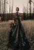 Full Black Gothic Dresses A Line Long Sleeves V Neck Court Train Vintage Bridal Gowns 2021 Plus Size Wedding Wear Intage intage