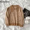 Korobov New Chic Streetwear Striped Kobiety Swetry Harajuku Kołnierz Kołnierz Długie Rękaw Sukiety Vintage Sueter Mujer 210430