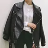 Kvinnor PU Faux Läder Bomber Jacka Stilig Svart Grå Långärmad Ficka Fast Zipper Tunn Sektion C0079 210514