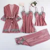 Women's Sleepwear 4PC Velvet Robe Sleep Suit Women Lace Pajamas Grown Set V-neck Cami Nighties Bathrobe Pijama Home Nightwear Spring Nightdr