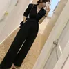 Sommar Elegant Kortärmad Brett Ben Rompers Overells Casual Fashion Notched Long Jumpsuits Kvinna Kontor Arbeta Solida Playsuits 210519