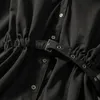コロバフ秋の新しいシックなブラックドレスプレッピースタイルビンテージオフィスサッシスリムなvestidosファムシングルブレストドレス210430
