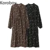 Korobov nieuwe chique zomerjurk Koreaanse bloem print hoge taille jurken strand stijl lange mouw chiffon gewaad Femem 2A786 210430