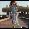 Abbigliamento da donna Abbigliamento Drop Delivery 2021 Donna Primavera manica con scollo a V a righe Boho Abiti da spiaggia Donna Autunno Casual da sera Lungo cazzo bianco