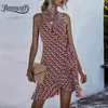 V-Ausschnitt Spaghettiträger Krawatte Taille Wickelkleider Damen Sommer Strandstil Boho Print ärmelloses Rüschensaum Cami Kleid 210510