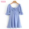 Harajuku French Retro Horn Sleeves Exposed Clavicle Waist Princess Female Dress Sweet Sky Blue Holiday Chic Women's Dresses 210507