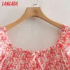 Summer Women Red Floral Beach Square Neck Short Sleeve Ladies Mini Dress Vestidos XN334 210416