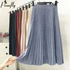 Skirts PEONFLY Elegant High Waist Pleated Women 2021 Spring Suede Long Maxi Saias Midi Faldas Vintage Blue Pink