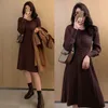 Women's Knit Dress Long Sleeve Vintage Elegant Woman Sweater Dresses Pleated V-neck Solid Tunic Spring Korean Outwear Sweet 210518