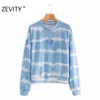 Kvinnor Vintage Sun Broderi Tie Dye Utskrift Casual Sweatshirts Ladies Basic O Neck Hoodies Chic Pullovers Tops S356 210420