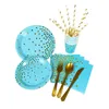 Einweggeschirr Blau Gold Partygeschirr Set Dekoration Pappbecher Teller Messer Gabel Löffel Hochzeit Geburtstag Supplie