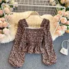 Singreiny Kobiety Boho Floral Bluzka Francuski Koronki Kołnierz Collar Rękaw Puff Slim Ruffles Topy Jesień Koreańska Elastyczna Ruched Bluzki 210419