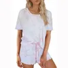 Farbverlauf Lose Trainingsanzug Frauen Set Sommer Casual O Hals Kurzarm T-shirt Top Spitze Up Rüschen Shorts Damen Hause 2 stücke Outfits 210507