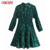 Moda Kadınlar Yeşil Çiçekler Baskı Gömlek Pileli Uzun Kollu Yüksek Sokak Bayanlar Mini Elbise 2W85 210416