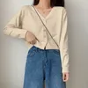 Vintage Stylish Solid Color Knitted Cardigan Women Fashion V Neck Long Sleeve Loose-fitting Sweater Top 210914
