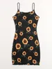 Sunflower Print Lettuce Trim Bodycon Dress SHE