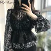 Nomikma Stand Collier À Manches Longues En Mousseline De Soie Blouse Femmes Deux Pièces Coréen Chic Floral Imprimé Chemises Femme Blusas Mujer 3d441 210514