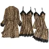 Sleepwear das mulheres 4 pcs pijamas Mulheres Leopard Set Sexy Lingerie Satin Silk Cardigan Nightdress Senhoras Underwear 2021