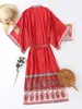 Bohemia V neck Red Floral Print Long Kimono Shirt BOHO Ethnic Lacing up Bow sleeve Cardigan Holiday Blouse Loose 210429