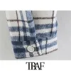 TRAF Women Fashion Oversized Check Cropped Jacket Coat Vintage Long Sleeve Pockets Female Outerwear Chic Tops 210415