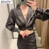 Kvinnor Sexig Deep V Neck Knuted Short Smock Blouse Damies Puff Sleeve Satin Shirt Chic Hem Elastic Blusas Tops LS7628 210416