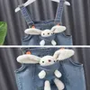 Spring Kids Girls 2-pcs Sets White Puff Sleeves Long T-shirt + Denim Overalls with Pocket Rabbit Children Clothes E1109 210610