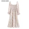 Spring Vintage France Style Floral Print Elastic Ruched Body Women Dress Sexy Long Sleeve Hem Slit Midi Dresses Holiday 210429