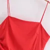 Kobiety Red Mini Sukienka z Gathering Kobiet Lato Cienkie pasy Satin Sukienka Kobiet Chic Asymetryczne Seksowne Suknie 210520