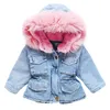 Hiver Automne Filles Vestes Bébé Manteaux Col De Fourrure Plus Velours Épais Denim Enfants Vêtements D'extérieur Enfants Vêtements HPY040 211011