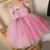 Princess Girls Dress Pearls Kids Dresses Bow Shoulder 1st Birthday Dress Baby Girl Tulle Flower Girl Dress for Wedding 1-5Years Q0716