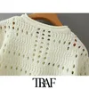 TRAF Women Fashion Hollow Out Cropped Knitted Cardigan Sweater Vintage Long Sleeve Button-up Female Outerwear Chic Tops 210415