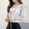 Summer Style Floral Shirt voor Vrouwen Elegante Open Schouder Blouses Chiffon Print Blusas Ete Plus Size Vrouwelijke Tops 85A6 210420