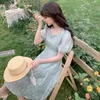 V Yaka Vintage Zarif Elbise Kadın Puf Kollu Çiçek Baskılı Elbise Yay Tasarım Elbise Kore Yaz Ofis Lady 210521
