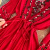 Indie Folk Women White/Blue/Yellow/Red Embroidered Midi Dress Spring Autumn Flare Sleeve O-Neck High Waist Vestidos 2021 New Y0603