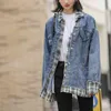 Women Denim Jacket Blue Loose Oversize Plaid Shirt Patchwork Turn Down Collar C0279 210514